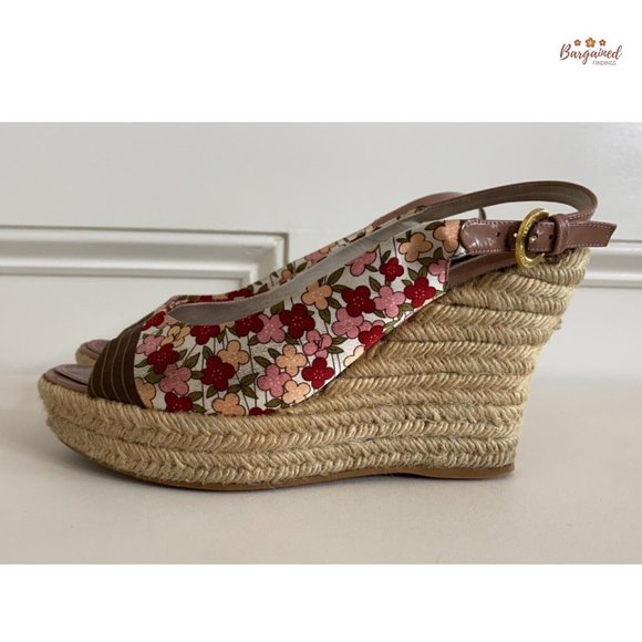 Auth LOUIS VUITTON Floral Satin Fabric Patent Ankle Strap Espadrille Wedge 7.5 - Picture 12 of 15